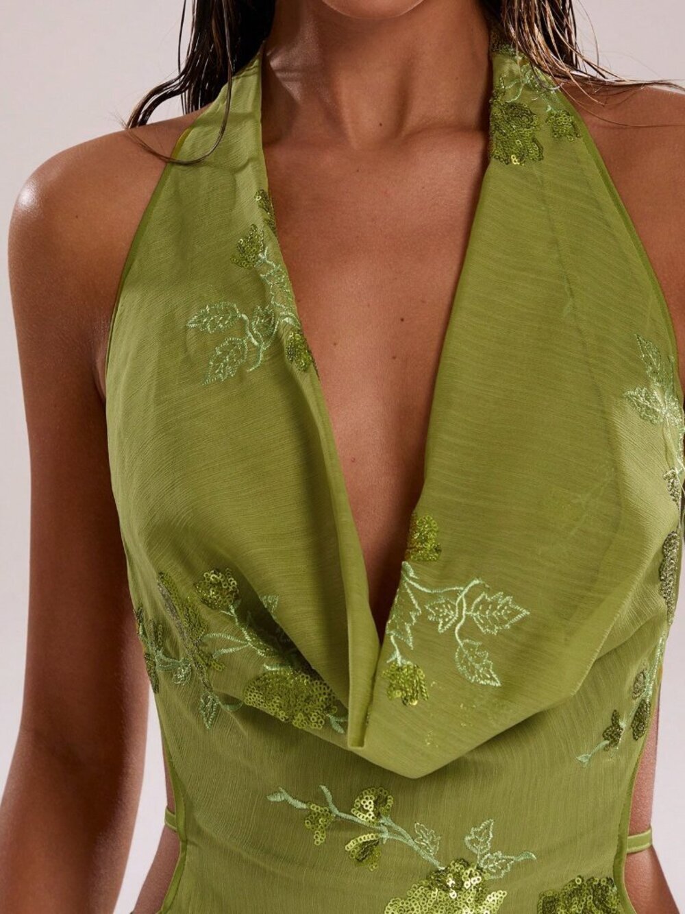 Green Sexy Women's Floral Sequin Plunging Draped Neck Mini Dress - Picture 5 of 7